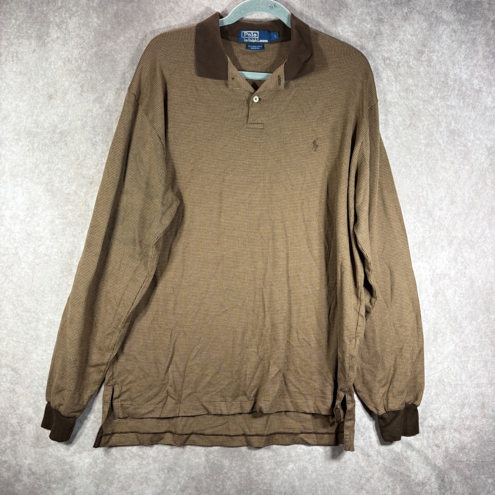Polo Ralph Lauren Long Sleeve Polo Shirt Men L Brown Pima Cotton Houndstooth